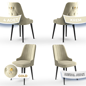 Newa Serisi 4 Adet Krem 1.sınıf Babyface Kumaş Siyah Metal Ayaklı Gold Halkalı Sandalye Krem