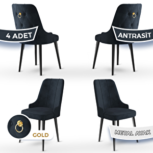 Newa Serisi 4 Adet Antrasit 1.sınıf Babyface Kumaş Siyah Metal Ayaklı Gold Halkalı Sandalye Antrasit