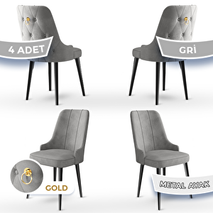 Newa Serisi 4 Adet Gri 1.sınıf Babyface Kumaş Siyah Metal Ayaklı Gold Halkalı Sandalye Gri
