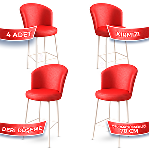 Uras Serisi 4 Adet Kırmızı Deri Ada Bar Sandalyesi Beyaz Metal Ayaklı Kırmızı