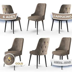 Newa Serisi 6 Adet Cappucino 1.sınıf Babyface Kumaş Siyah Metal Ayaklı Gold Halkalı Sandalye Cappucino
