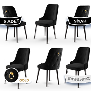 Newa Serisi 6 Adet Siyah 1.sınıf Babyface Kumaş Siyah Metal Ayaklı Gold Halkalı Sandalye Siyah