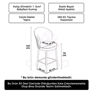 Fora Serisi 1 Adet Krem 1. Sınıf Babyface Kumaş Beyaz Metal Ayaklı Bar Sandalyesi Krem