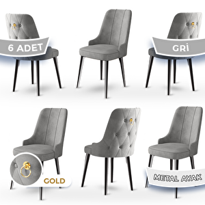 Newa Serisi 6 Adet Gri 1.sınıf Babyface Kumaş Siyah Metal Ayaklı Gold Halkalı Sandalye Gri