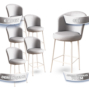 Uras Serisi 6 Adet Gri Deri Ada Bar Sandalyesi Beyaz Metal Ayaklı Gri
