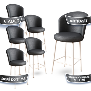 Uras Serisi 6 Adet Antrasit Deri Ada Bar Sandalyesi Beyaz Metal Ayaklı Antrasit