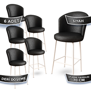 Uras Serisi 6 Adet Siyah Deri Ada Bar Sandalyesi Beyaz Metal Ayaklı Siyah