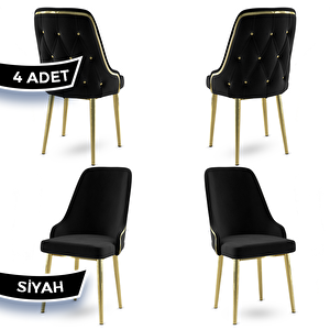 Krax Serisi 4 Adet Siyah 1.sınıf Babyface Kumaş Gold Metal Ayaklı Yemek Odası Sandalyesi Siyah
