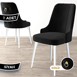 Newa Serisi 1 Adet Siyah 1.sınıf Babyface Kumaş Beyaz Metal Ayaklı Gold Halkalı Sandalye Siyah