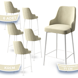 Enox Serisi 6 Adet Krem 1. Sınıf Babyface Kumaş Beyaz Metal Ayaklı Bar Sandalyesi Krem
