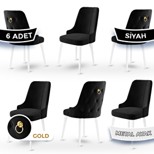 Newa Serisi 6 Adet Siyah 1.sınıf Babyface Kumaş Beyaz Metal Ayaklı Gold Halkalı Sandalye Siyah