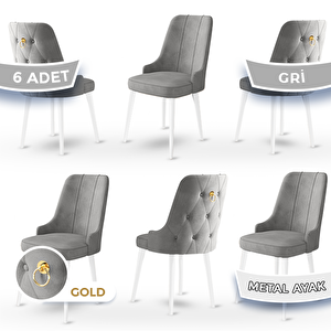 Newa Serisi 6 Adet Gri 1.sınıf Babyface Kumaş Beyaz Metal Ayaklı Gold Halkalı Sandalye Gri