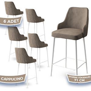 Enox Serisi 6 Adet Cappucino 1. Sınıf Babyface Kumaş Beyaz Metal Ayaklı Bar Sandalyesi Cappucino