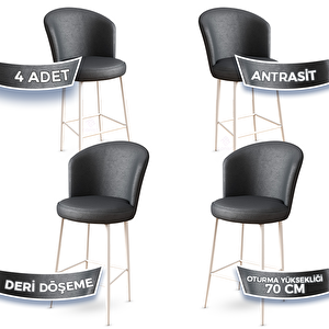 Uras Serisi 4 Adet Antrasit Deri Ada Bar Sandalyesi Beyaz Metal Ayaklı Antrasit