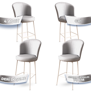 Uras Serisi 4 Adet Gri Deri Ada Bar Sandalyesi Beyaz Metal Ayaklı Gri