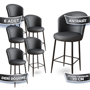 Uras Serisi 6 Adet Antrasit Deri Ada Bar Sandalyesi Siyah Metal Ayaklı Antrasit