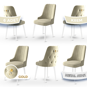 Newa Serisi 6 Adet Krem 1.sınıf Babyface Kumaş Beyaz Metal Ayaklı Gold Halkalı Sandalye Krem