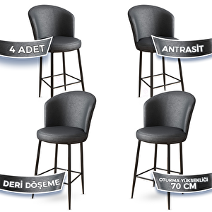Uras Serisi 4 Adet Antrasit Deri Ada Bar Sandalyesi Siyah Metal Ayaklı Antrasit