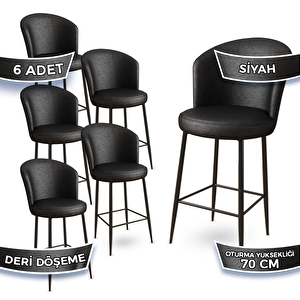 Uras Serisi 6 Adet Siyah Deri Ada Bar Sandalyesi Siyah Metal Ayaklı Siyah