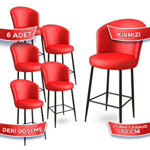 Uras Serisi 6 Adet Kırmızı Deri Ada Bar Sandalyesi Siyah Metal Ayaklı