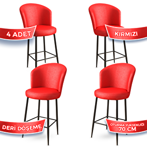 Uras Serisi 4 Adet Kırmızı Deri Ada Bar Sandalyesi Siyah Metal Ayaklı Kırmızı