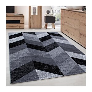Modern Desenli Halı Geometrik Kareli Tasarım Siyah Gri Beyaz 200x290 cm