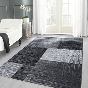 Modern Desenli Halı Kareli Ve Taramalı Tasarım Siyah Gri Beyaz 120x170 cm