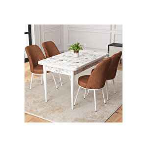 Duru Beyaz Mermer Desen 70x110 Mdf Sabit Mutfak Masası Takımı 4 Adet Sandalye Kiremit