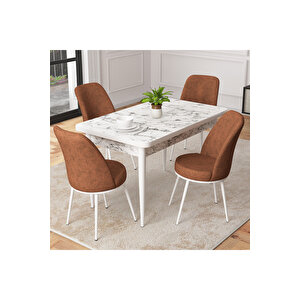 Duru Beyaz Mermer Desen 70x110 Mdf Sabit Mutfak Masası Takımı 4 Adet Sandalye Kiremit