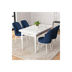 Duru Beyaz Mermer Desen 70x110 Mdf Sabit Mutfak Masası Takımı 4 Adet Sandalye Lacivert