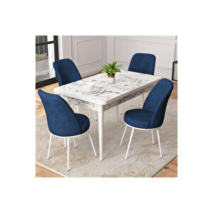 Duru Beyaz Mermer Desen 70x110 Mdf Sabit Mutfak Masası Takımı 4 Adet Sandalye Lacivert