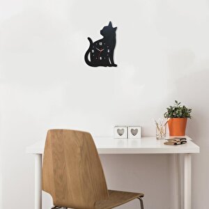 Cajuart Büyük Boy Oturan Kedi Ahşap Siyah Duvar Saati