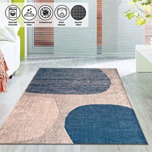 Modern Abstrak Geometri Desenli Mavi Bej Halı Kaymaz Taban Makinada Yıkanabilir 80x150 cm