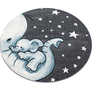 Yuvarlak Çocuk Halısı Fil Ve Yıldız Desenli Gri-mavi-beyaz 160 cm