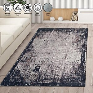 Modern Abstrak Klasik Eskitme Desenli Siyah Gri Halı Kaymaz Taban Makinada Yıkanabilir 60x100 cm