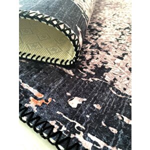 Modern Abstrak Klasik Eskitme Desenli Siyah Gri Halı Kaymaz Taban Makinada Yıkanabilir 80x120 cm