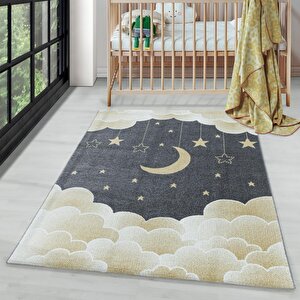 Çocuk Bebek Odası Halısı Bulut Ay Yıldız Desenli Sarı Gri Tonlarda 160x230 cm