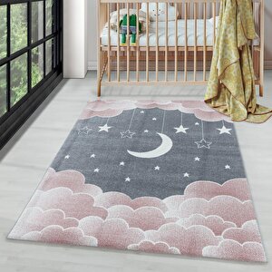 Çocuk Bebek Odası Halısı Bulut Ay Yıldız Desenli Pembe Gri Tonlarda 200x290 cm