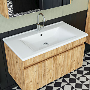 '' Lavabolu '' Atlantik Mat Mdf 85 Cm Banyo Alt  Dolap + Aynalı Üst Dolap + Boy Dolap