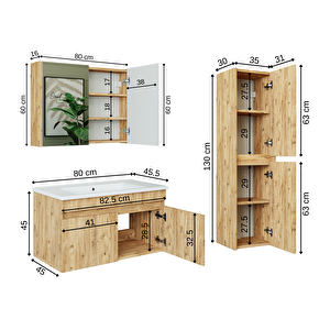 Roomart '' Lavabolu '' Atlantik Mat Mdf 85 Cm Banyo Alt  Dolap + Aynalı Üst Dolap + Boy Dolap