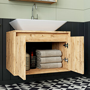 Roomart Lavabolu Ahşap Mdf 65 Cm Banyo Dolabı+aynalı Banyo Üst Dolabı+banyo Boy Dolabı