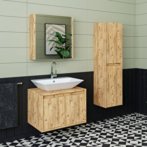 Roomart Lavabolu Ahşap Mdf 65 Cm Banyo Dolabı+aynalı Banyo Üst Dolabı+banyo Boy Dolabı