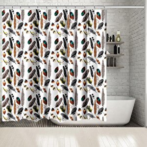 Baskılı Duş Perde Renkli Kuş Tüy Desenli Turkuaz Kahverengi 175x220 cm