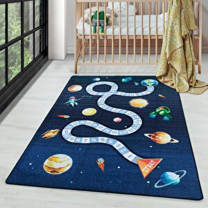 Çocuk Bebek Odası Oyun Halısı Uzay Gezegenler Temalı Lacivert Tonlarda 100x150 cm