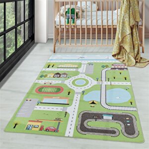 Çocuk Bebek Odası Oyun Halısı Şehir Ve Trafik Temalı Yeşil Tonlarda 100x150 cm