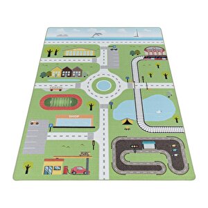 Çocuk Bebek Odası Oyun Halısı Şehir Ve Trafik Temalı Yeşil Tonlarda 140x200 cm