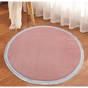 Modern Dekoratif Halı Jel Kaymaz Taban Peluş Yuvarlak Model Pembe Renk Saçaklı 120x120 cm