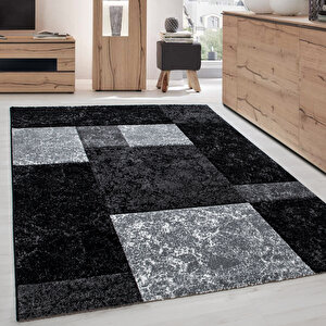 Modern Desenli Oymalı Halı Kareli Tasarım Siyah Gri Beyaz 120x170 cm