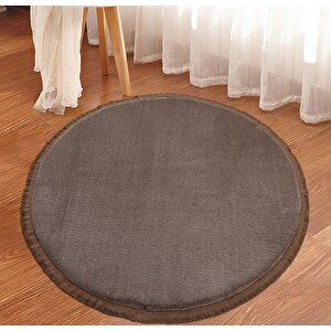 Modern Dekoratif Halı Jel Kaymaz Taban Peluş Yuvarlak Model Vizon Renk Saçaklı 120x120 cm