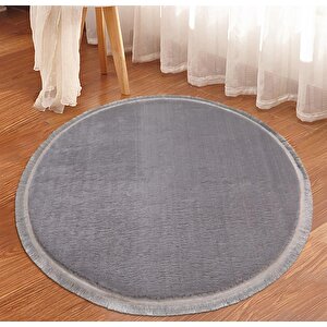 Modern Dekoratif Halı Jel Kaymaz Taban Peluş Yuvarlak Model Açık Gri Renk Saçaklı 150x150 cm